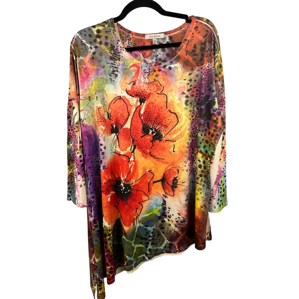 Jess & Jane Vibrant Floral Embellished Tunic Top Asymmetric Hem SzXL Artsy